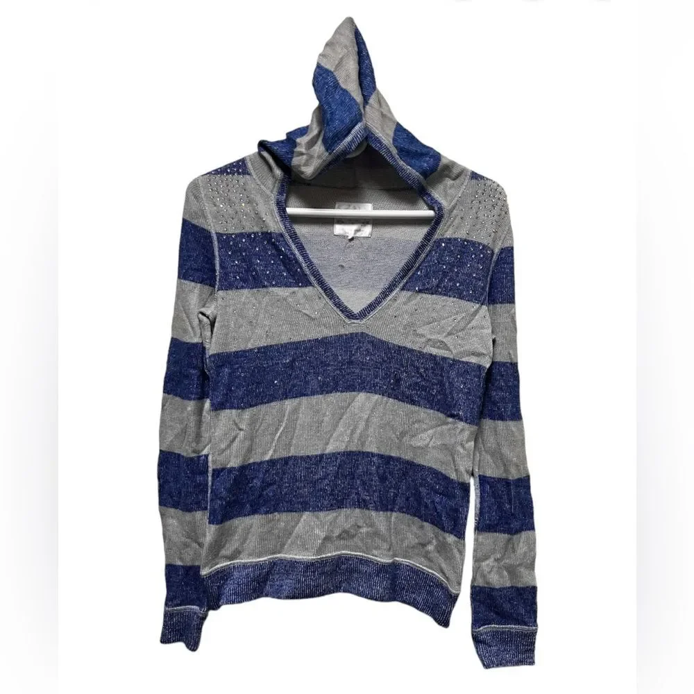 Justice Girls Blue‎ Gray Striped Rhinestone V-Neck Hoodie Sweater Size 14